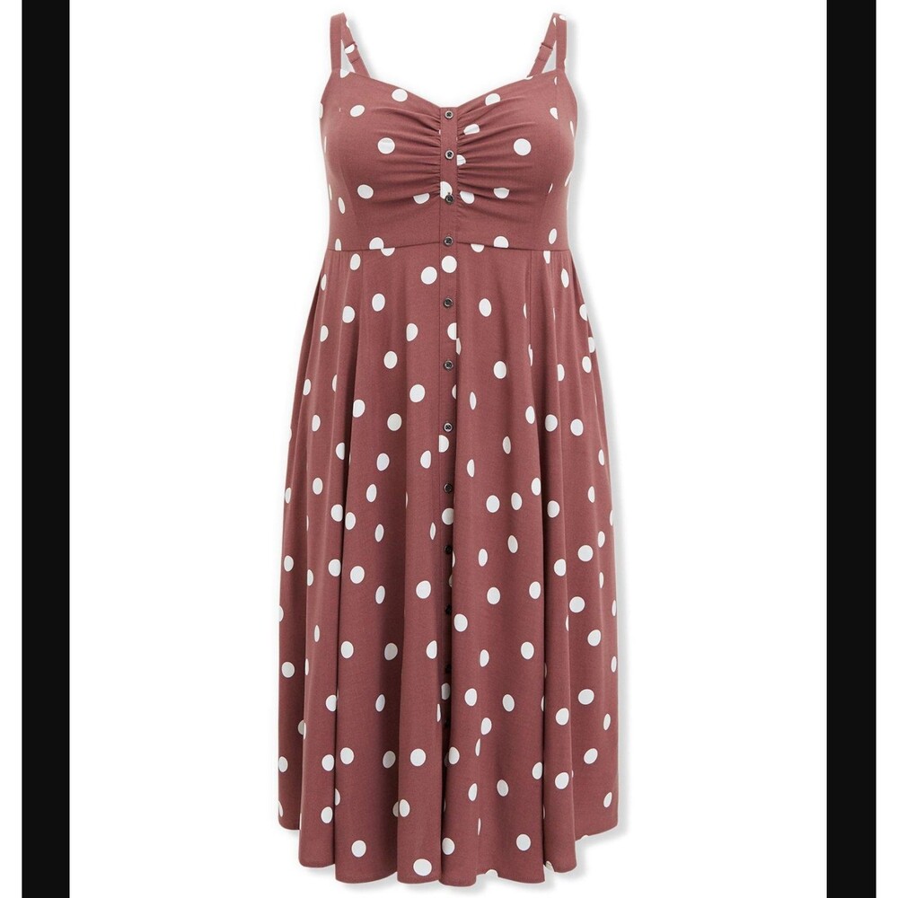 Torrid Midi Challis Dress 2X Brown Polka Dot Button Smocked Sweetheart Pockets - Picture 12 of 12